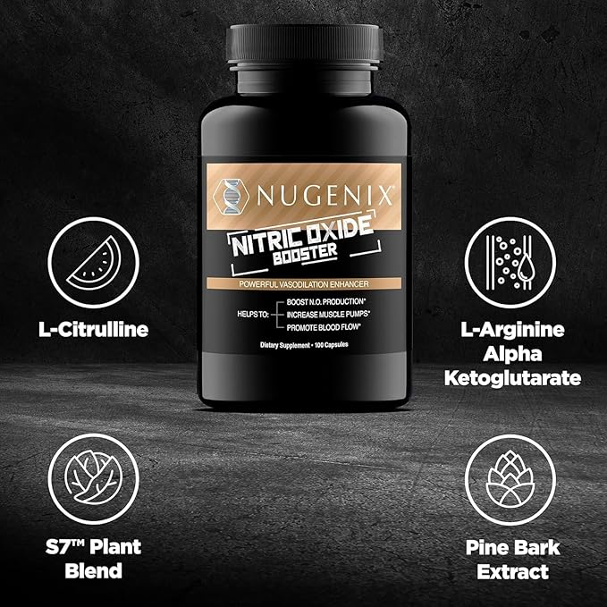 Nugenix Nitric Oxide Booster Supplement - Nitric Oxide Flow, L-Arginine, L-Citrulline, Pine Bark Extract - Vasodilator - 100 Capsules