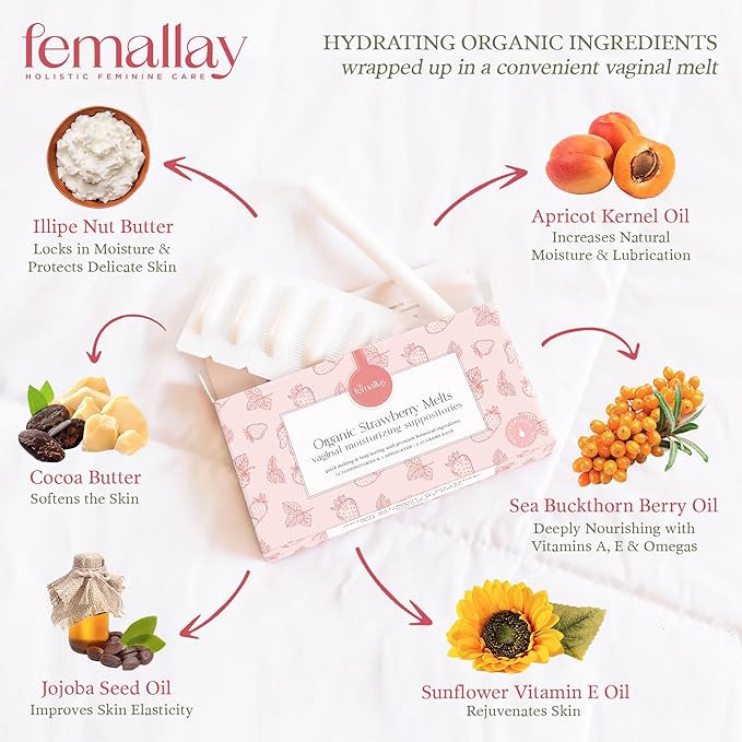 Femallay Organic Vaginal Moisturizing Suppository Melts - 100% Natural Suppositories for Vaginal Odor and Dryness Relief, Ultra-Hydrating Fast-Acting Comfort (Strawberry)