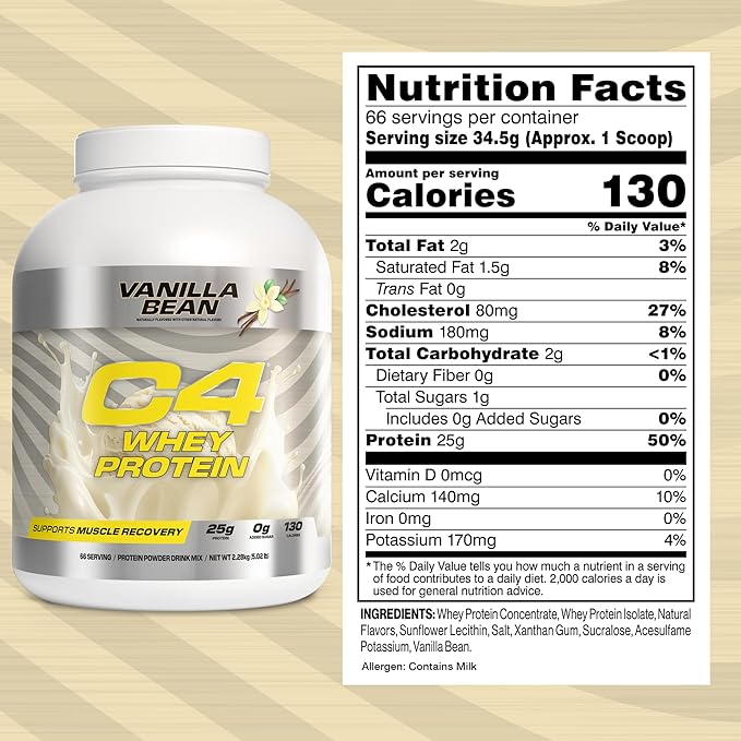 Cellucor C4 Whey Protein Powder, Vanilla Bean - 25g Protein, 0g Added Sugar, 130 Calories Per Serving, Supports Muscle Recovery, 66 Servings, Premium Whey for Post-Workout