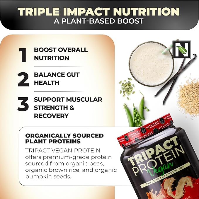 Nutrology TRIPACT Vegan Protein Powder - Organic Pea, Rice & Pumpkin Protein, BCAAs & Glutamine Plant-Based Meal Replacement Shakes for Muscle Recovery & Immunity, Peanut Butter & Vanilla, 20 Servings