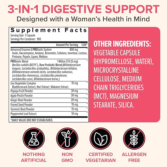 Zenwise Health 3-in-1 Womens Probiotic Supplement for Digestive, Gut Flora & Vaginal Health - Daily Probiotics & Prebiotics for Women with Digestive Enzymes Supports Bloating & Gas Relief - 100 Count