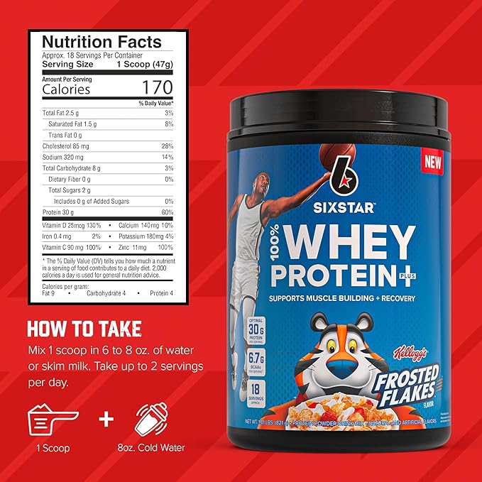 Six Star Whey Protein Powder Plus - Muscle Building & Recovery Formula with Whey Isolate Powder, BCAAs, 30g Protein, Immune Support - Post-Workout Supplement - Kellogg’s Frosted Flakes Flavor, 1.8 lbs