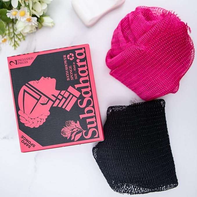 SubSahara Authentic African Net Sponge - 2 Pieces Exfoliating Scrubber for All Skin Types, Bath Sponge for Face & Body, Travel Portable, Durable, Gentle Exfoliation (Black & Pink)