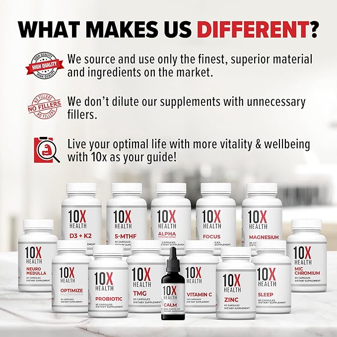 10X Health TMG Supplements - Trimethylglycine Supplement for Liver Support, Heart Wellness, Energy, Homocysteine Levels - TMG Capsules with Betaine Anhydrous - Non-GMO & Gluten-Free - 60 Capsules