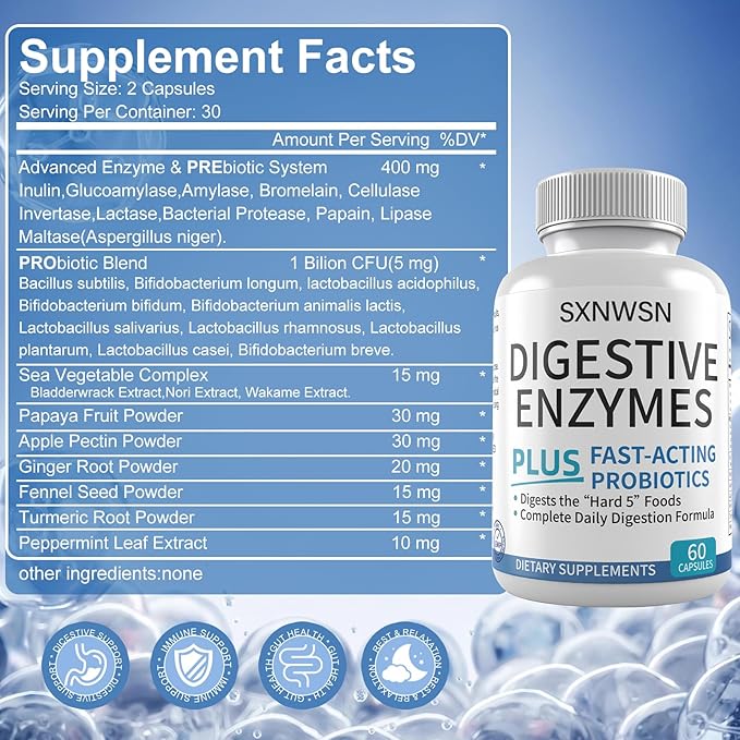 Digestive Enzymes with Probiotics & Prebiotics – Supports Gut Health & Nutrient Absorption – Promotes with Digestion – Plant-Based, 60 Capsules