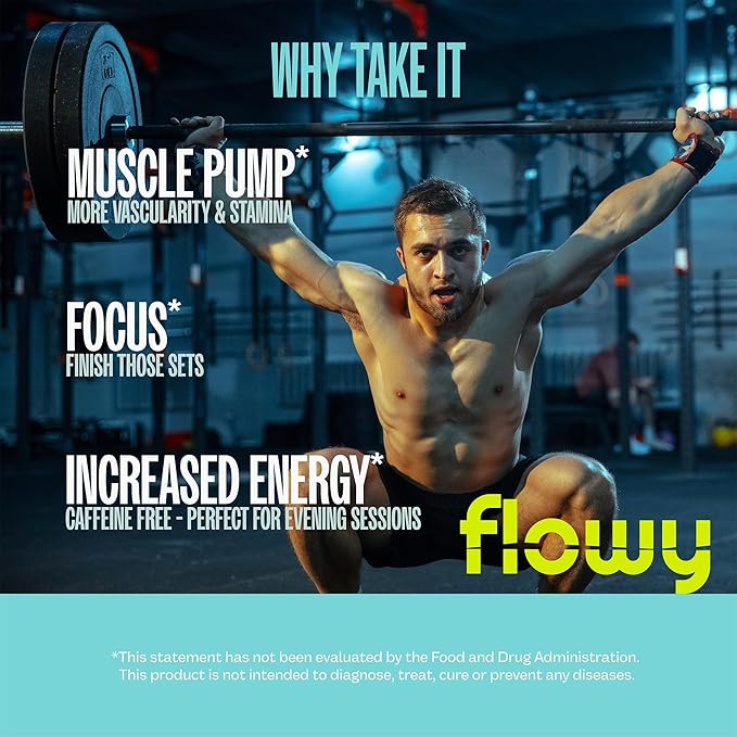 flowy Stim Free Pre Workout – Nitric Oxide Booster for Men & Women | All Natural, Hydration, Non Stimulant Pump, Caffeine-Free, Electrolytes, L-Citrulline, Lemon Lime, 30 Servings
