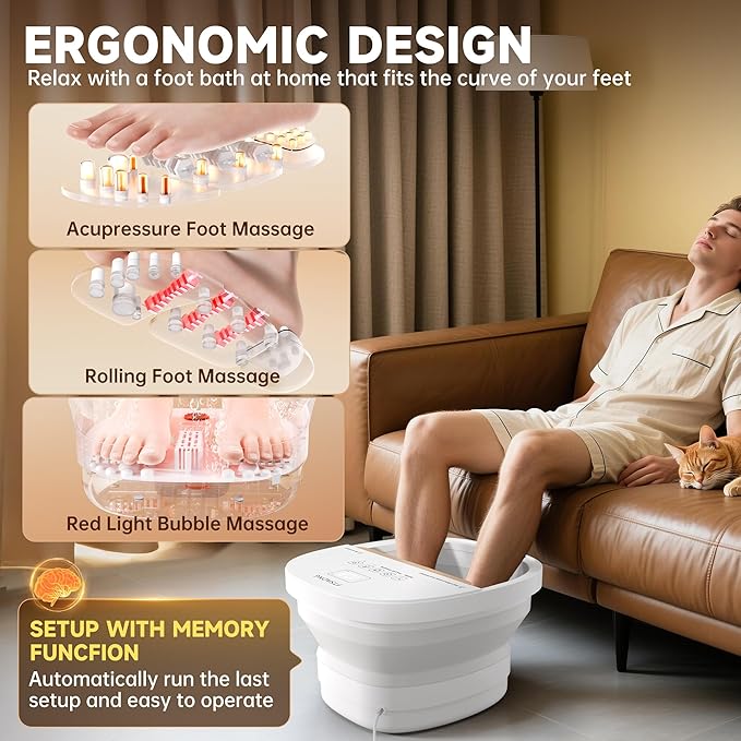 Collapasible Foot Spa Bath Massager with Heat, Pedicure Foot Spa with Bubbles and Jets/Timer/Temperature Control, Feet Soak Tub for Home, Office, Relaxation and Stress Relief, Gift for Men and Women