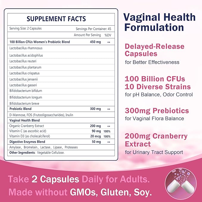 NATURE TARGET Vaginal Womens Probiotics, 100 Billion CFUs Probiotics & Prebiotics with Digestive Enzymes, Cranberry & D-Mannose - Supports pH Balance, Odor & Urinary Tract Health - 90 Capsules