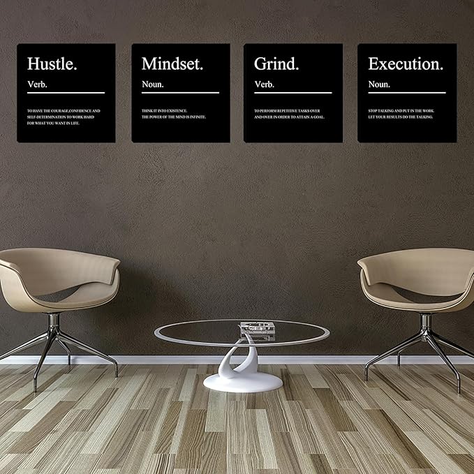 Motivational Office Wall Art Mindset Canvas Wall Art Hustle Posters Wall Decor 4 Pieces Inspirational Quotes Wall Paintings Picture Art Wall Decor for Bedroom Living Room Artwork 16"x16"x4pcs