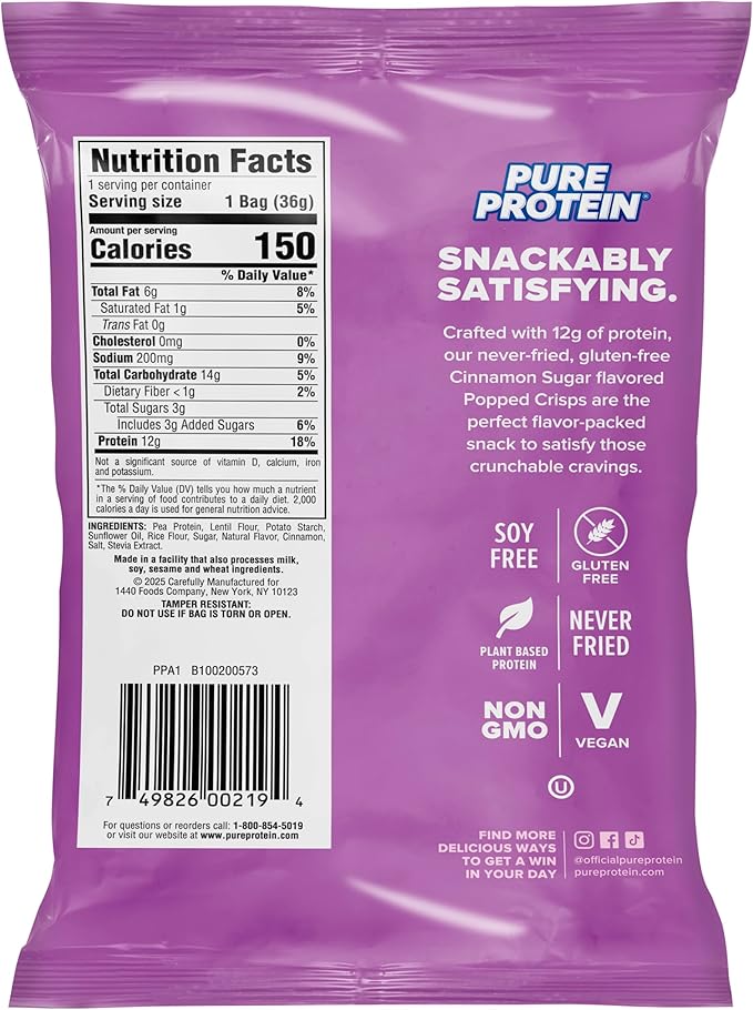 Pure Protein Popped Crisps, Cinnamon Sugar, High Protein Snack, 12G Protein, 1.27oz., 12 Count
