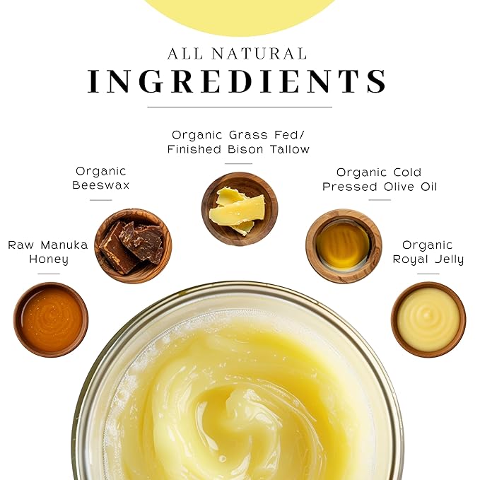 Vanman’s Tallow and Honey Balm - Grass-Fed/Finished Bison Tallow, Raw Manuka Honey, Organic Royal Jelly, Beeswax, Cold Pressed Olive Oil - Unscented Tallow Skin Care for Dry Skin - 2 oz