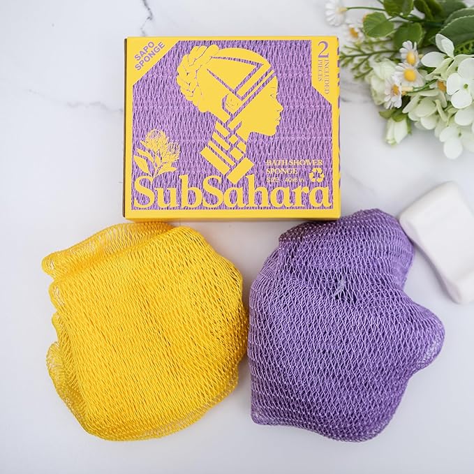 SubSahara Authentic African Net Sponge - 2 Pieces Exfoliating Scrubber for All Skin Types, Bath Sponge for Face & Body, Travel Portable, Durable, Gentle Exfoliation (Lavender Purple & Bright Yellow)