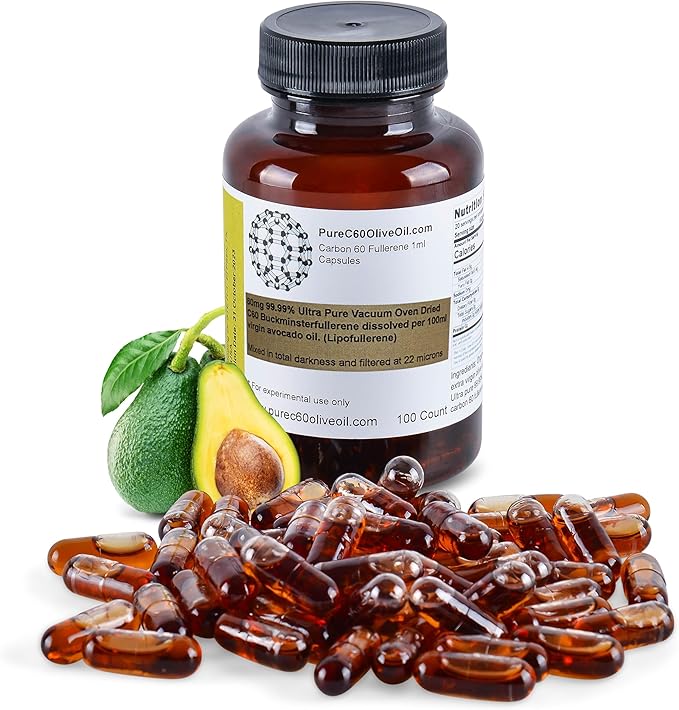 C60 Organic Avocado Oil Capsules Pills 100ml / 3.4 Fl Oz - 99.99% Carbon 60 Solvent Free 80mg - Food Grade - Carbon 60 Avocado Oil - from The Leading Global Producer
