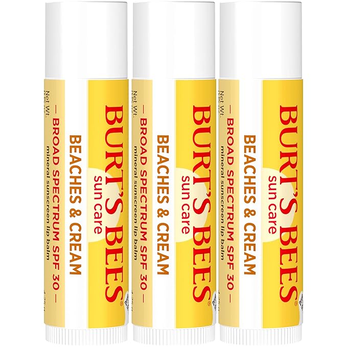 Burt’s Bees SPF 30 Lip Balm, Beaches and Cream, Water-Resistant Sun Care, Nano-Free Zinc Oxide Formula, Natural Origin Conditioning Lip Treatment, 3 Tubes, 0.15 oz.