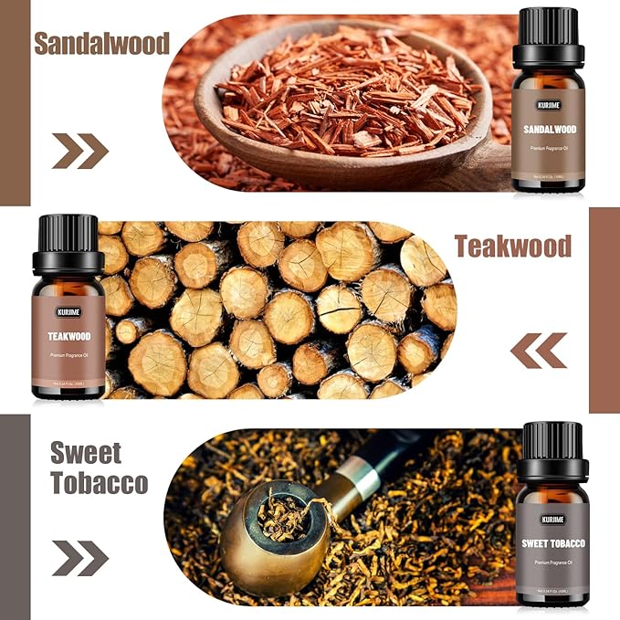 Essential Oils Set, Men Scents Fragrance Oil Essential Oils for Diffuser - Sandalwood, Teakwood, Sweet Tobacco, Cinnamon & Pine Needle, Woody Vetiver, Cologne Aromatherapy Oils for Men, 6x10ml