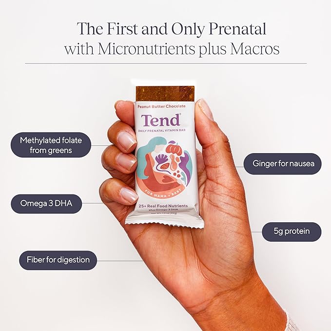 Tend Daily Best Prenatal Vitamin Bar, Made with Organic Ingredients for Pregnant & Postpartum Mothers, Includes DHA, Vitamin D, B, Choline, Folate - Peanut Butter Chocolate (7ct)