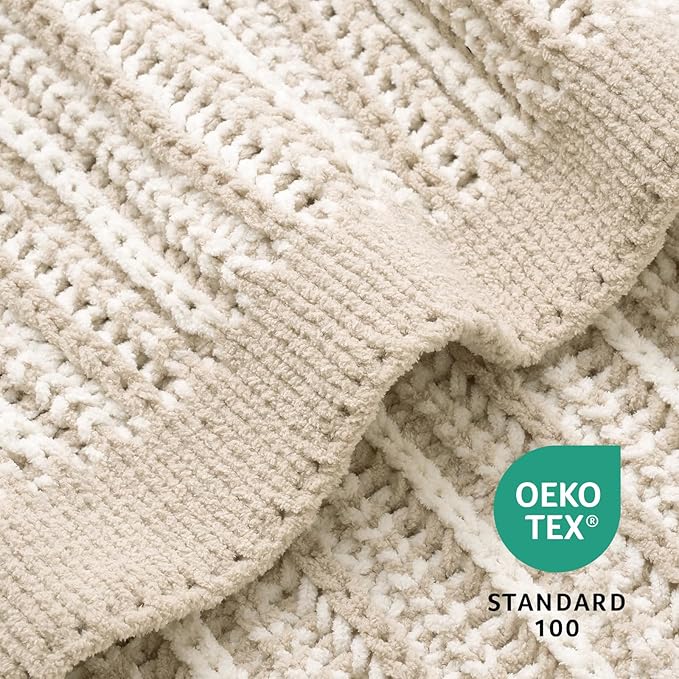 Amélie Home Chenille Striped Knit Throw Blanket for Couch Twin, Reversible Soft Cozy Knit Blanket Lightweight Warm Decorative Throw for Sofa, Bed, Living Room, 50"x60", Khaki & White