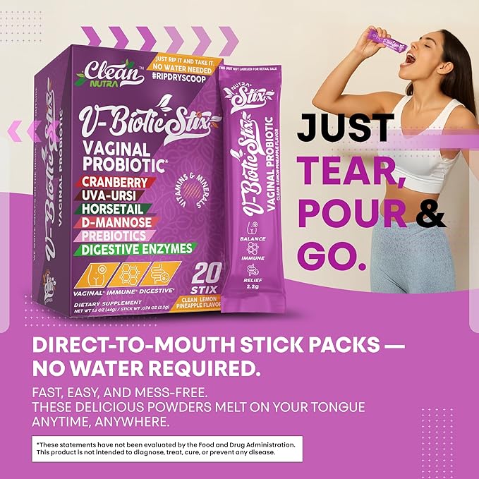 Clean Nutraceuticals Vaginal Probiotics for Women with Cranberry Extract, D-Mannose, Prebiotics, pH Balance for Women, Vaginal Health – Womens Probiotic Alternative to Gummies - 20 Stix