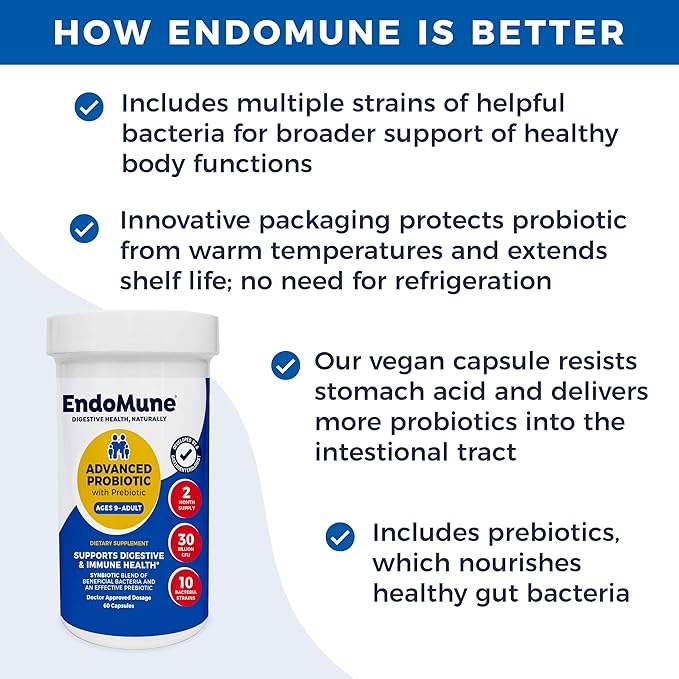 Endomune Advanced Adult Multi-Strain Probiotic Supplement with Prebiotic | 10 Strains, 30 Billion CFU | Physician Formulated (60-Count)
