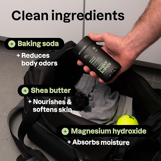 ATTITUDE Aluminum-Free Deodorant for Men, 95% Natural Origin Ingredients, EWG Verified, Plant Based Odor Control, With Baking Soda, Matcha & Bergamot, 2.64 Oz