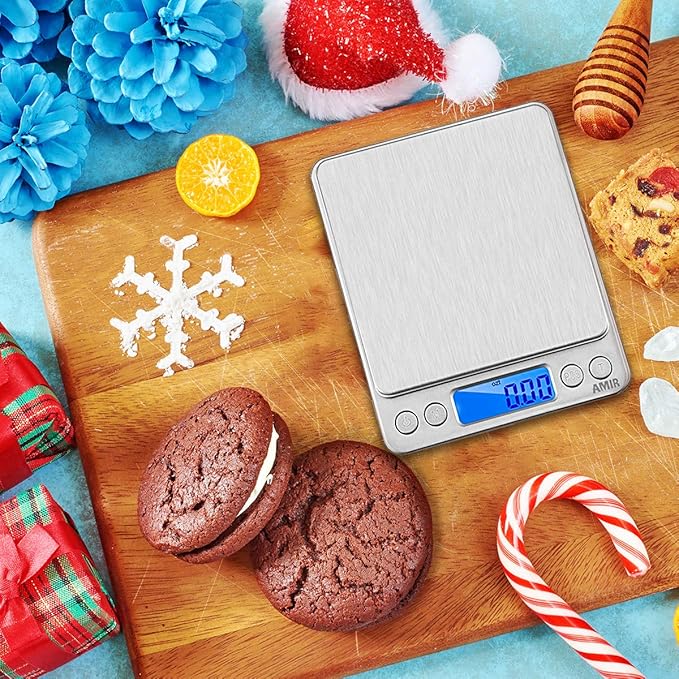 (Upgraded) AMIR Digital Kitchen Scale, 500g Mini Pocket Jewelry Scale, Food Scale, Coffee Scale, Back-Lit LCD Display, 2 Trays, 6 Units, Auto Off, Tare, PCS, Stainless Steel (Batteries Included)