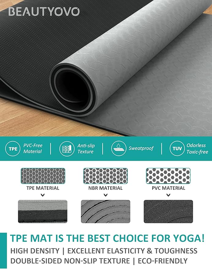 BEAUTYOVO Yoga Mat with Strap, 1/3 Inch Extra Thick Yoga Mat Double-sided Non Slip, Professional TPE Yoga Mats for Women Men, Workout Mat for Yoga, Pilates and Floor Exercises