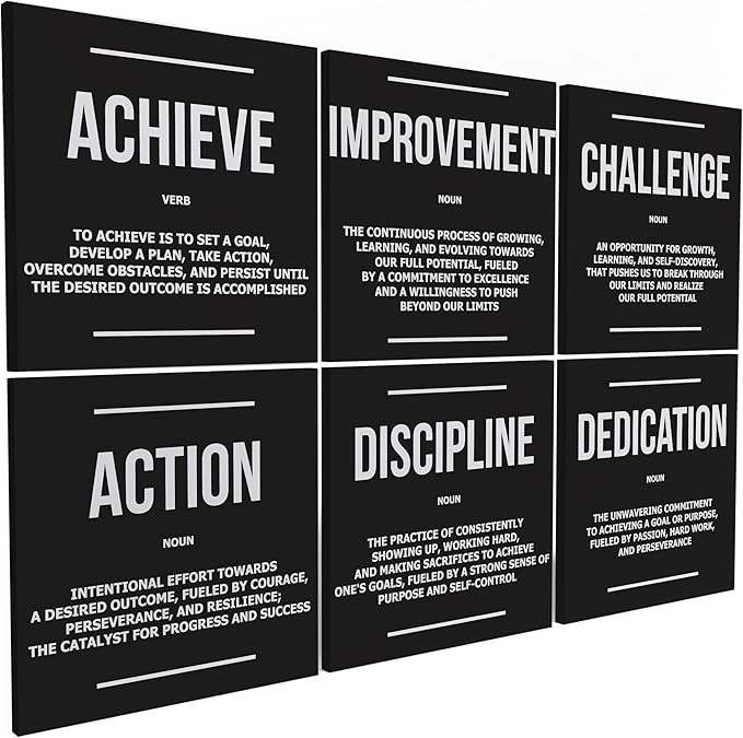 6X Motivational canvas, wall art for bedroom and office, inspirational black and white canvas poster, motivational poster set, decor bundle for home, wall pictures for living room (6x - 20 X 20 in)