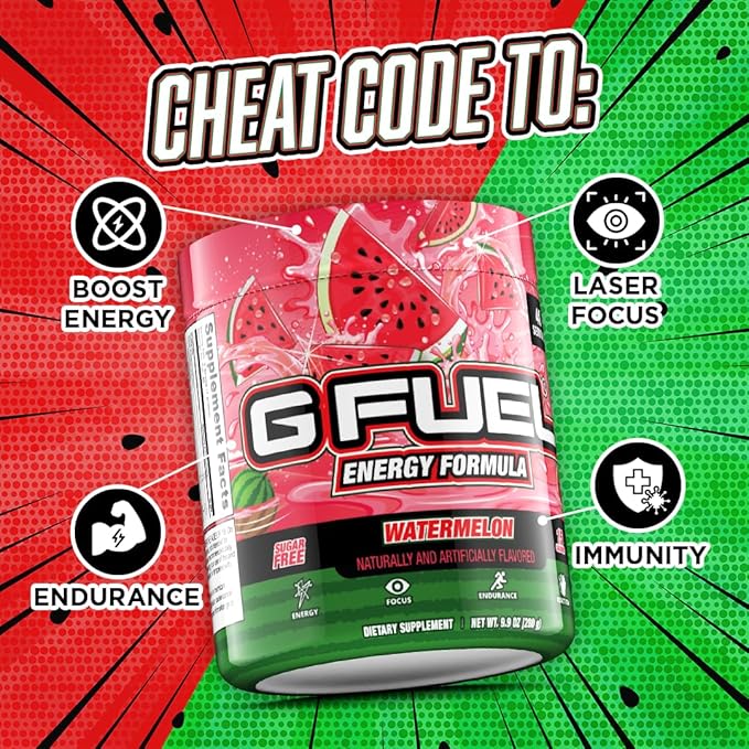 G fuel Watermelon Energy Drink Powder, Pre Workout Caffeine Mix for Gaming, Sugar Free Focus Amino, Vitamin + Antioxidants, 9.9oz (Watermelon, 40 Servings)