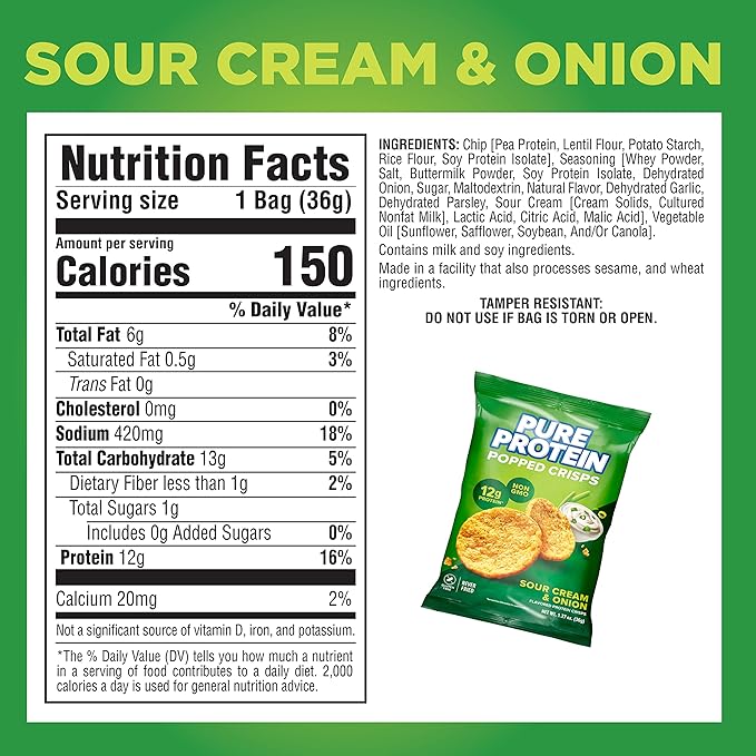 Pure Protein Popped Crisps, Sour Cream & Onion, High Protein Snack, 12G Protein, 1.27oz., 12 Count