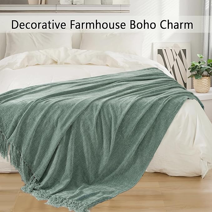 Chenille Throw Blanket for Couch 60"X 80" Twin, Soft Cozy Throws with Fringe Tassel for Bed Sofa Chair Cover, Lightweight Knitted Decorative Boho Blankets for Living Room, Sage Green