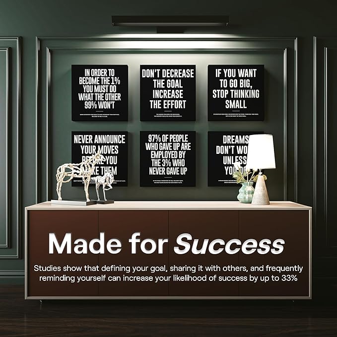 6X Motivational canvas, wall art for bedroom and office, inspirational black and white canvas poster, motivational poster set, decor bundle for home, wall pictures for living room (6x - 16 X 16 in)