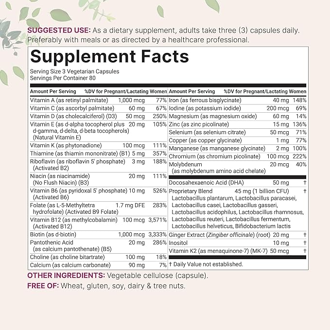 Pure Methylated Prenatal Vitamins for Women, 240 Veggie Capsules | 38 Vital Nutrients with DHA, Choline, Probiotics, Ginger, Inositol, & Vitamin A, C, D, B Complex + Methylfolate, & Iron | No Fillers