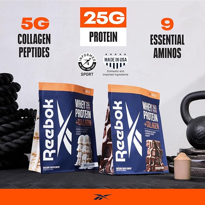 Reebok Whey Protein Powder + Collagen Peptides | 25g Protein with 9 Essential Amino Acids | Muscle Recovery, Joint & Gut Support | Informed-Sport Certified | ReeBuild Chocolate Fudge Flavor, 1.3 lb