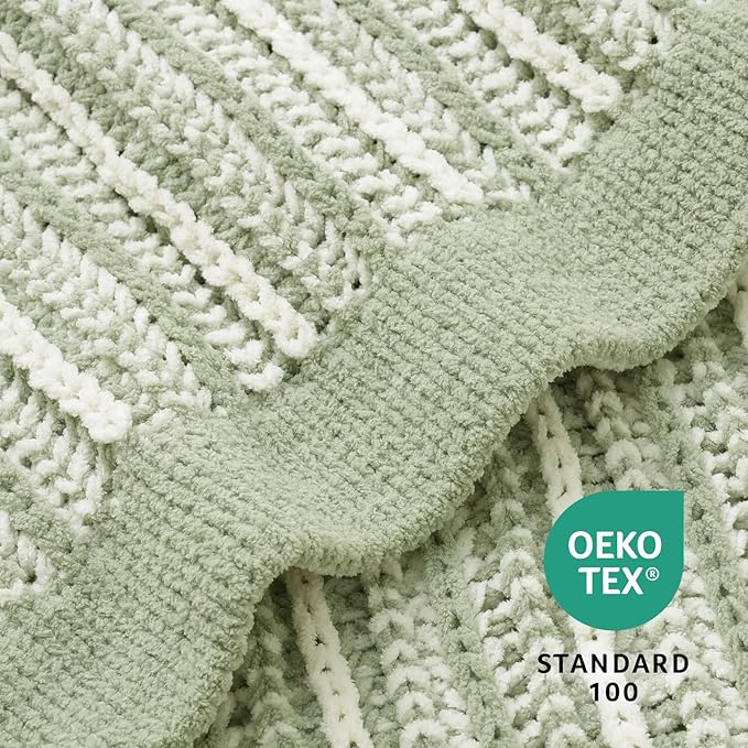Amélie Home Chenille Striped Knit Throw Blanket for Couch Twin, Reversible Soft Cozy Knit Blanket Lightweight Warm Decorative Throw for Sofa, Bed, Living Room, 50"x60", Sage Green & White