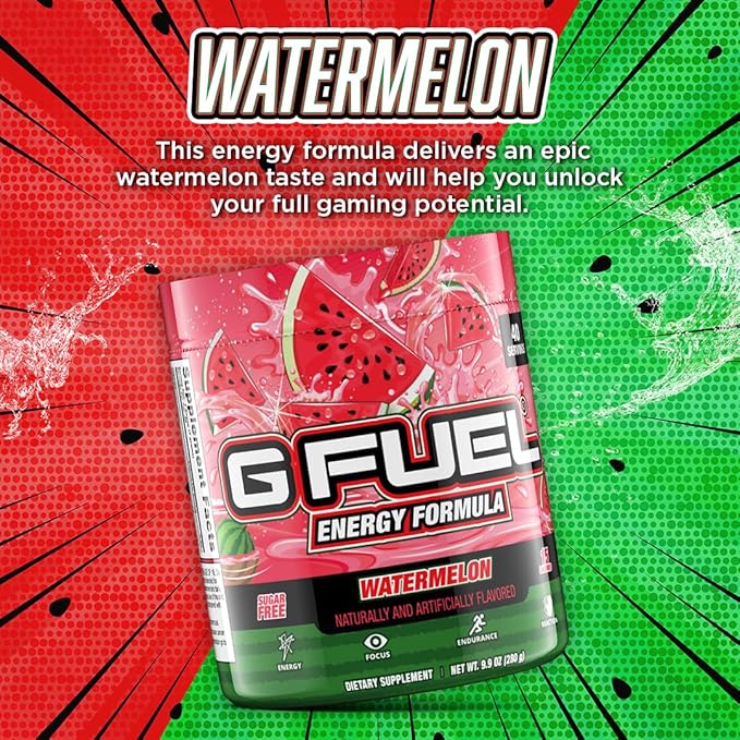 G fuel Watermelon Energy Drink Powder, Pre Workout Caffeine Mix for Gaming, Sugar Free Focus Amino, Vitamin + Antioxidants, 9.9oz (Watermelon, 40 Servings)