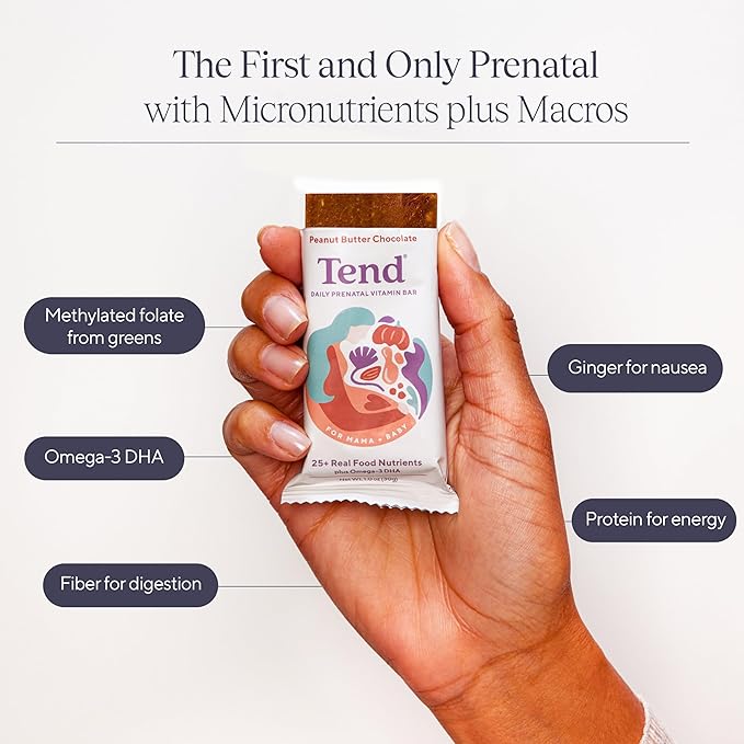 Tend Daily Best Prenatal Vitamin Bar, Made with Organic Ingredients for Pregnant & Postpartum Mothers, Includes DHA, Vitamin D, B, Choline, Folate - Peanut Butter Chocolate (4ct)