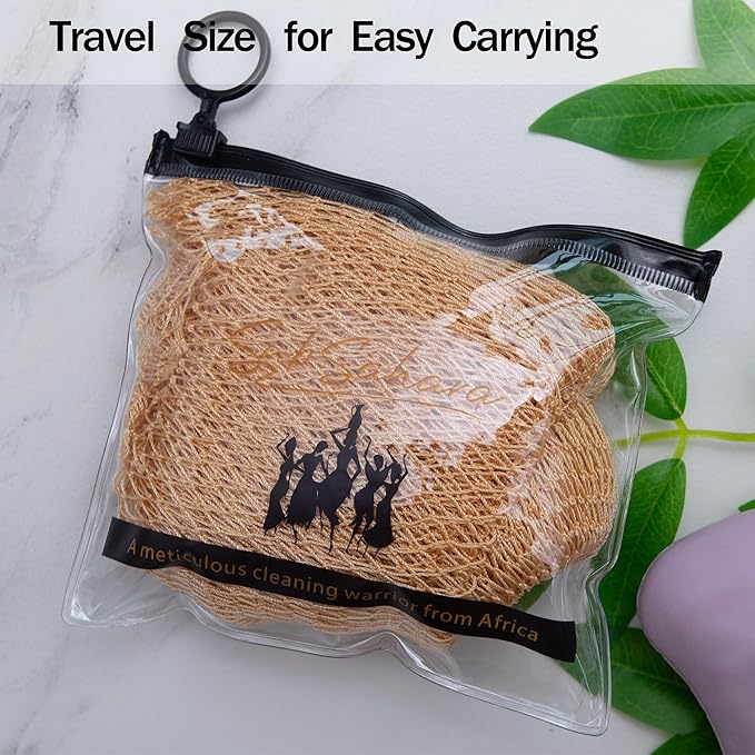 SubSahara Authentic African Net Sponge - 2 Pieces Exfoliating Scrubber for All Skin Types, Bath Sponge for Face & Body, Travel Portable, Durable, Gentle Exfoliation (Golden & Milky White)