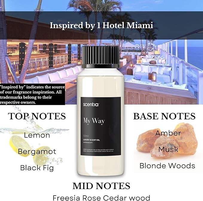 My Way Hotel Diffuser Oil Inspired by The 1 Hotel Miami Beach- 50 ml 1.69 fl oz - Essential Oil Blend Sandalwood, Cedar & Lemon Notes for Aromatherapy Diffusers and Humidifiers