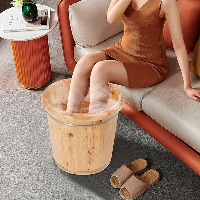 Eapmic Wooden Foot Bath Bucket with Lid, Feet Massage Barrel, Solid Wood Round Foot Soak Tub, Home Sauna Feet Basin, Pedicure Barrel for Spa, Massage, Sauna (D)