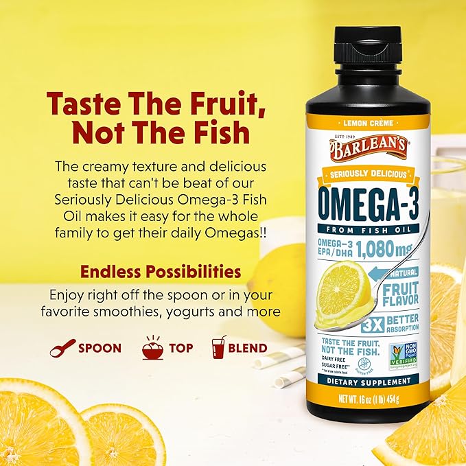 Barlean's Omega 3 Fish Oil Liquid Supplement for Men and Women, Lemon Crème, 1080mg of Omega 3 EPA and DHA Fatty Acid, 16 oz
