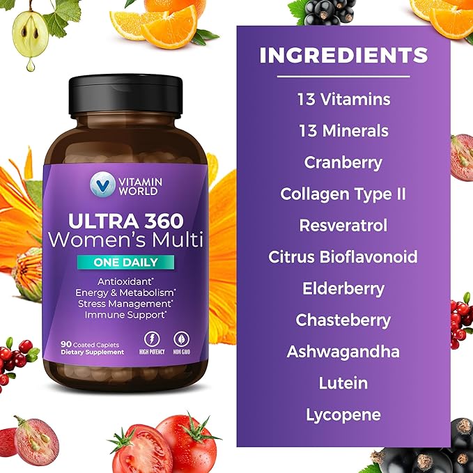 Vitamin World Ultra 360 Multivitamin for Women One Daily, Women's Multivitamin with Collagen, Ashwagandha & Antioxidants, Supplement with Vitamin A, B, C & D for Energy & Immune Support, 90 Caplets