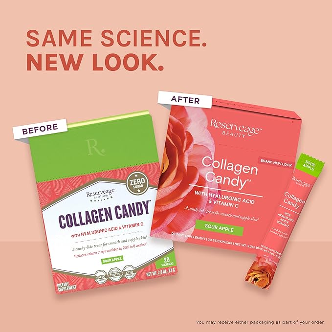 Reserveage Nutrition Collagen Candy, Collagen Supplement for Skin Care, Hair Growth, Collagen Booster for Nail Care, Supports Elastin Production, Paleo and Keto, Sour Apple, 2.3 Ounces (20 Servings)