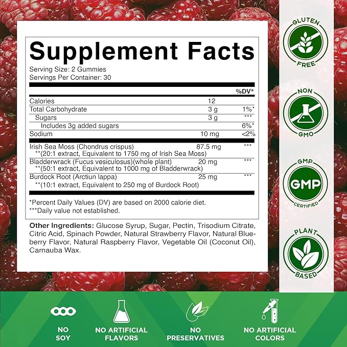 Vitamatic Irish Sea Moss Gummies – 3000mg Equivalent Per Serving (from Extract 132.5mg) – 60 Ct Made with Bladderwrack & Burdock Root – Seamoss Supplement for Thyroid, Energy & Immune Support