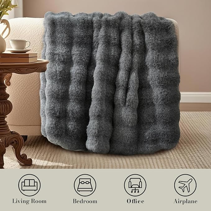 Amélie Home Faux Fur Throw Blanket for Couch, Fuzzy Cozy Soft Fluffy Fur Luxurious Soft Bubble Blanket for Sofa Bedroom Living Room, 60"x80" Inches, Ionic Wolf Gray