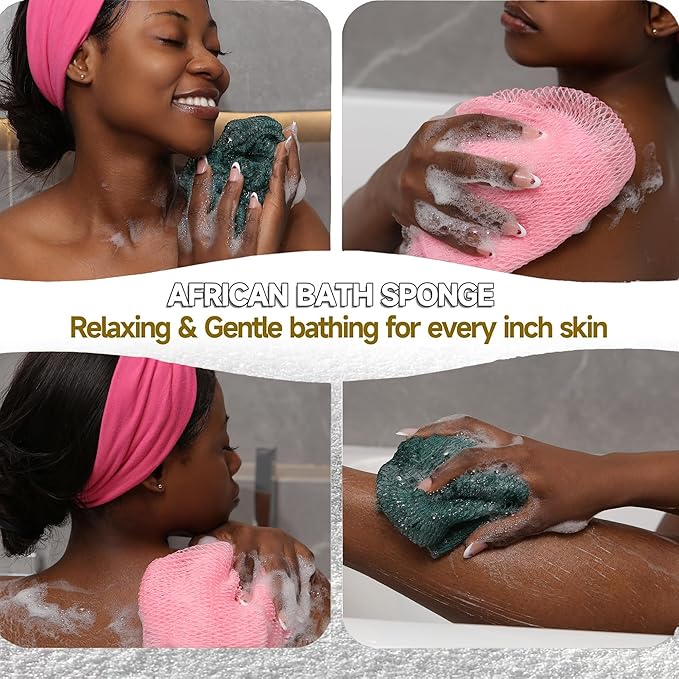 SubSahara Authentic African Net Sponge - 2 Pieces Exfoliating Scrubber for All Skin Types, Bath Sponge for Face & Body, Travel Portable, Durable, Gentle Exfoliation (Ligh Pink & Teal)