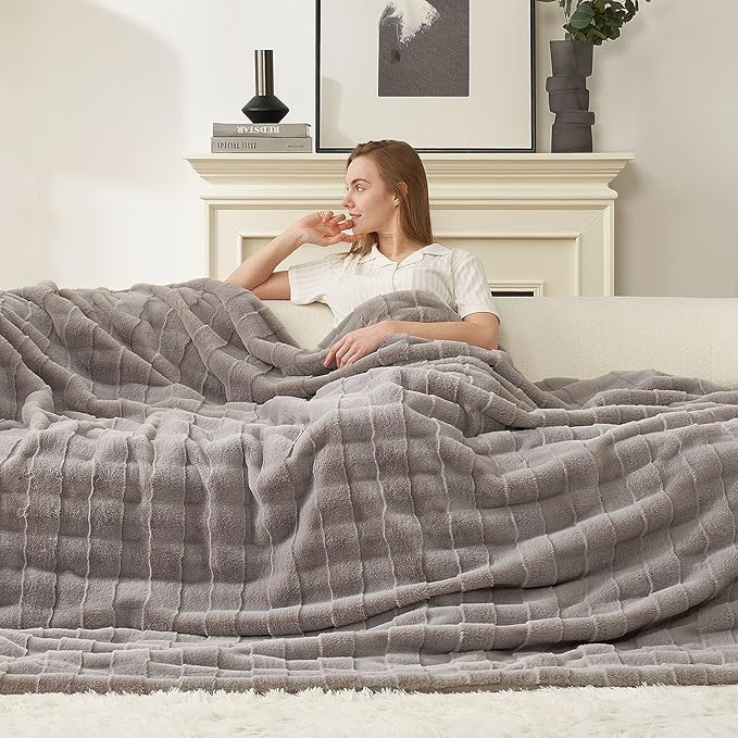 Cozy Bliss Fluffy Faux Fur Throw Blanket for Couch,Lightweight Cozy Soft Grey Throw Blankets for Sofa Bed Living Room,50x60 Inches