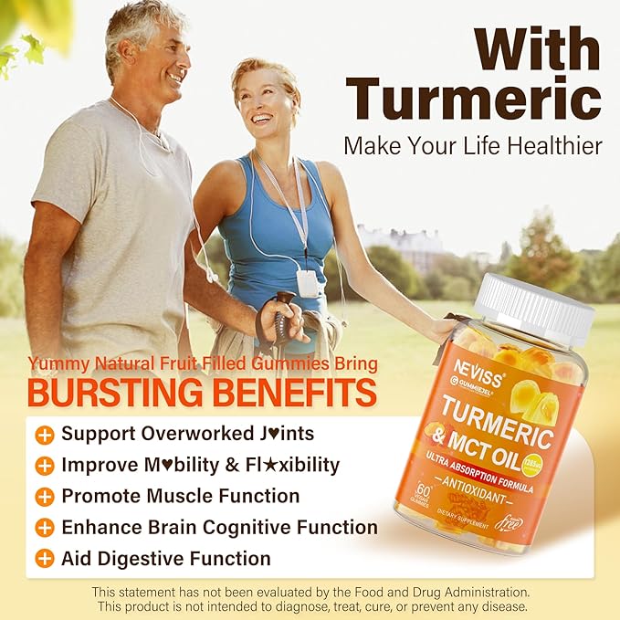 Turmeric Gummies 1000mg w/MCT Oil C8 C10, Organic Antioxidant, Turmeric Curcumin Supplement with Black Pepper Extract, Support Comfort, Boost Energy, Ultra Absorption, Sugar Free, 60 Cts