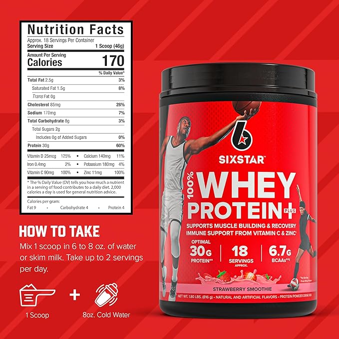Six Star Whey Protein Powder Plus - Muscle Building & Recovery Formula with Whey Isolate Powder, BCAAs, 30g Protein, Immune Support - Post-Workout Supplement - Strawberry Smoothie, 1.8 lbs