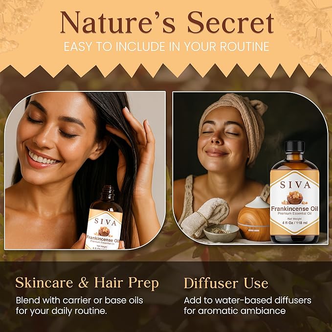 Siva Frankincense Essential Oil - 4 Fl Oz – Natural Boswellia Serrata Oil - for Diffuser, Face, Skin Care, Aromatherapy, Hair Care, Scalp and Body Massage - with Dropper