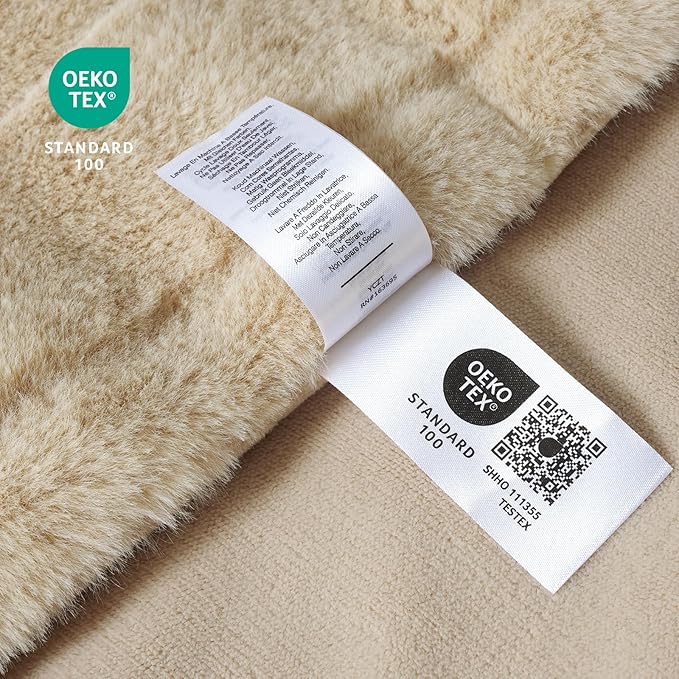 Cozy Bliss Fluffy Faux Fur Blanket Queen Size for Bed, Fuzzy Soft Striped Plush Blanket, Thick Throw for Bedroom Couch Gift, 90x90 Inches Beige